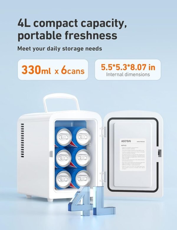 AstroAI Mini Fridge 4 Litre, 6 Can Portable AC+DC Power